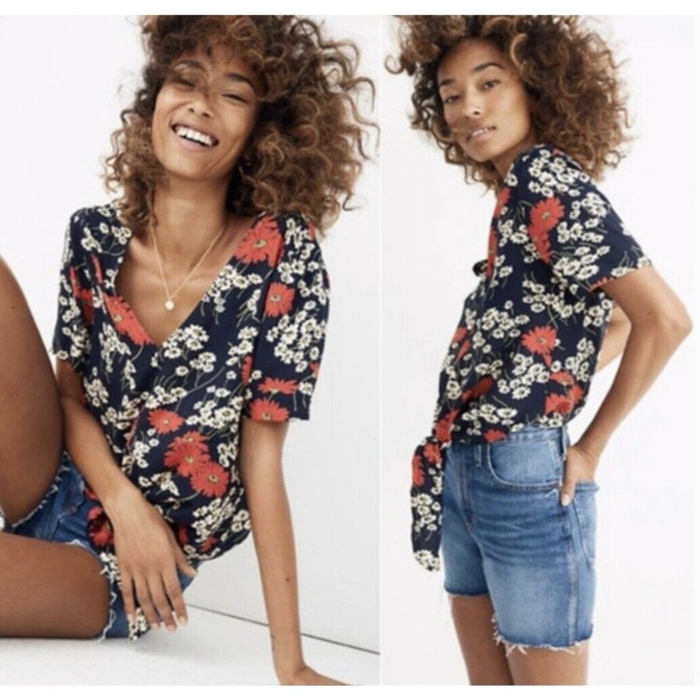 Madewell Floral Tie-Front V-neck Top blouse